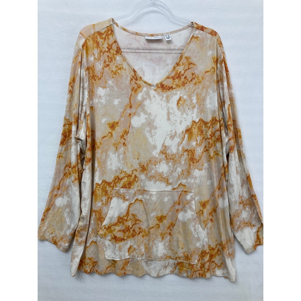 Susan Graver Tunic Size 2X Orange Marble V-Neck Kangaroo Pocket Liquid Knit - Picture 1 of 7